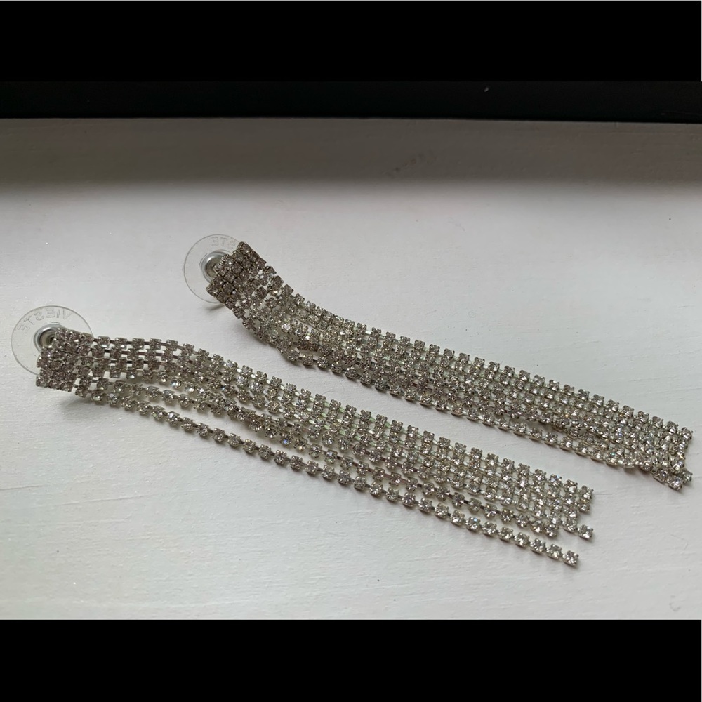 Long Silver Fashion Costume Rhinestone Earrings
